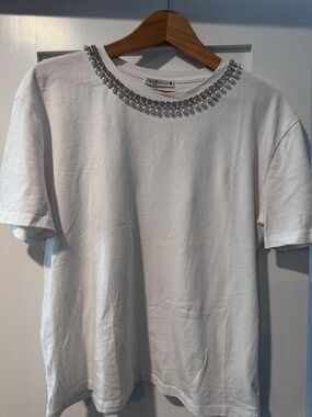 Zara White Short-Sleeve Tee with Crystal Neck Embellishment